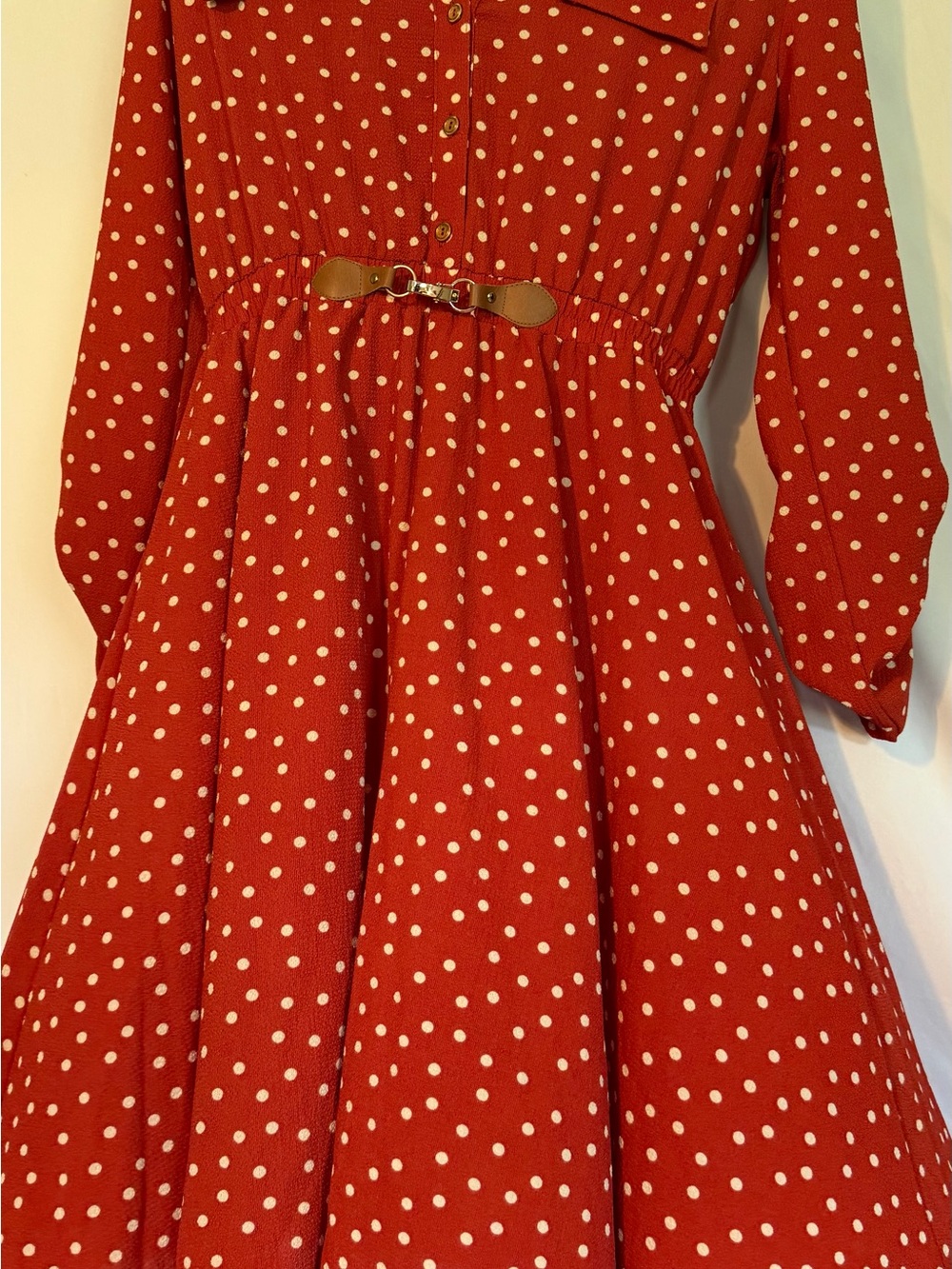 White Polka Dot Long Sleeve Dress with Belt
